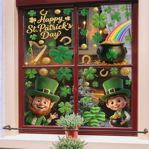 Xzentira 92 Pcs St Patricks Day Decorations Window Clings 8 Sheet for Saint Pat's Elves Shamrock Coin Bucket Window Decals for Irish Parties, and for Decorating Windows in Homes, Schools, and Offices in Saudi Arabia