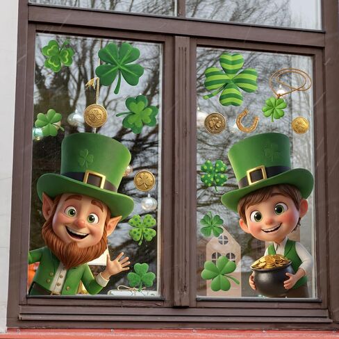Xzentira 92 Pcs St Patricks Day Decorations Window Clings 8 Sheet for Saint Pat's Elves Shamrock Coin Bucket Window Decals for Irish Parties, and for Decorating Windows in Homes, Schools, and Offices in Saudi Arabia
