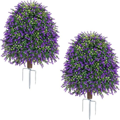 2Pcs 25''Outdoor Artificial Lavender Plants uv Resistant Fake Boxwood Topiary Ball for Porch Front Planter Garden Patio Yard Decorations in Saudi Arabia