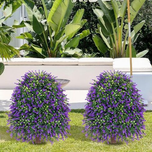 2Pcs 25''Outdoor Artificial Lavender Plants uv Resistant Fake Boxwood Topiary Ball for Porch Front Planter Garden Patio Yard Decorations in Saudi Arabia
