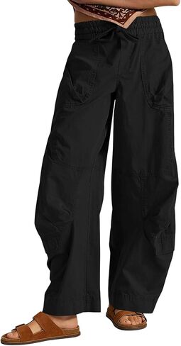 Aoysky Womens Baggy Barrel Wide Leg Pants Drawstring Elastic High Waisted Casual Loose Trousers Pockets in Saudi Arabia
