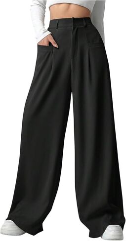 GORGLITTER Women's Office Work Wide Leg Fly Pleated Dress Pants Zipper High Waisted Loose Trousers in Saudi Arabia