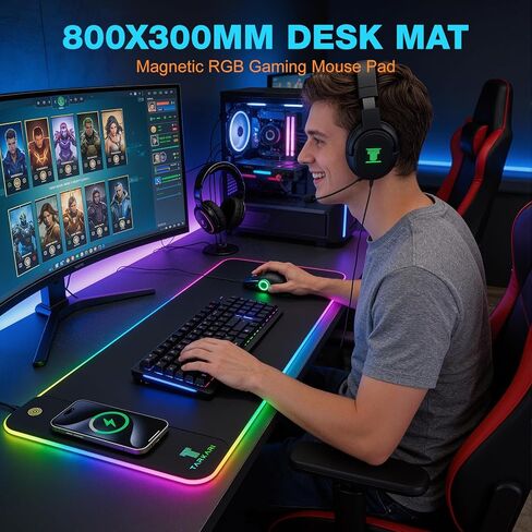 لوحة ماوس TARKARI مغناطيسية لاسلكية للشحن RGB، حصيرة مكتب كبيرة للألعاب مقاومة للماء، لوحة ماوس سوداء مقاس 31.5 بوصة × 15.8 بوصة، سطح فائق النعومة، قاعدة مطاطية غير قابلة للانزلاق، وسادة مكتب للكمبيوتر المحمول بلوحة مفاتيح in Kuwait