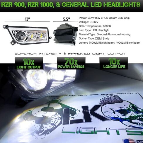 مصباح أمامي SLK-Customs RZR LED متوافق مع Polaris General، RZR 900s، razor 1000 XP Turbo (يناسب: 2015-2019) (كروم) in Kuwait