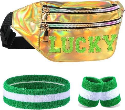 مجموعة حقيبة حزام Abbylike St Patrick Day Fanny Pack مع حقيبة مقاومة للماء بحروف محظوظة لزي حفلة عيد القديس باتريك (ذهبي) in Kuwait