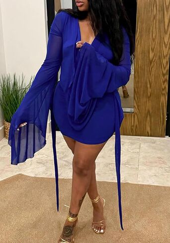 NRTHYE Women Sexy Mesh Mini Dress Draped Cowl Neck Backless Long Sleeve Cover Up Beach Cocktail Dresses in Saudi Arabia