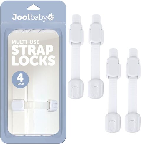 Jool Baby Child Safety Strap Locks (4 Pack) Baby Proof Cabinets, Drawers, Fridge, Toilet & Trash Cans – 3M Adhesive Childproof Locks in Kuwait