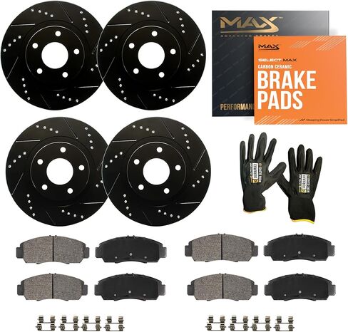 Max Advanced Brakes Front & Rear Brake Kit Compatible With 2006-2010 2011 2012 Mitsubishi Eclipse 3.8L Galant 3.8L Replacement Drilled Slotted Black Coated Disc Brake Rotors and Ceramic Brake Pads in Kuwait