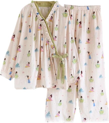 طقم بيجامة نسائي قطني مزين بالزهور - ملابس نوم ناعمة مع بلوزة ملفوفة كيمونو وسروال خصر مرن in Kuwait