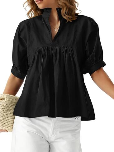 Women's Puff Short Sleeve Babydoll Blouse Stand Collar V Neck Flowy Relaxed Fit Peplum Tops Casual Summer Shirt in Saudi Arabia