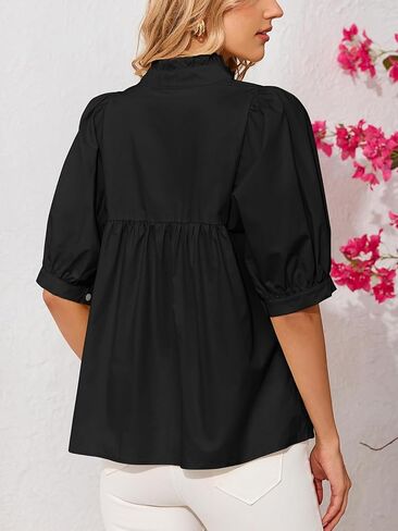Women's Puff Short Sleeve Babydoll Blouse Stand Collar V Neck Flowy Relaxed Fit Peplum Tops Casual Summer Shirt in Saudi Arabia