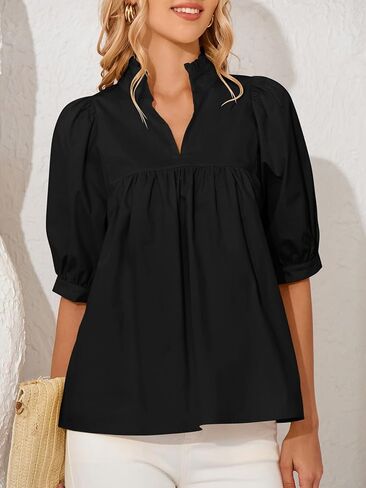 Women's Puff Short Sleeve Babydoll Blouse Stand Collar V Neck Flowy Relaxed Fit Peplum Tops Casual Summer Shirt in Saudi Arabia
