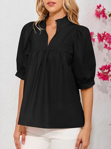 Women's Puff Short Sleeve Babydoll Blouse Stand Collar V Neck Flowy Relaxed Fit Peplum Tops Casual Summer Shirt in Saudi Arabia