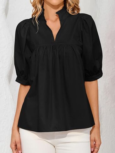 Women's Puff Short Sleeve Babydoll Blouse Stand Collar V Neck Flowy Relaxed Fit Peplum Tops Casual Summer Shirt in Saudi Arabia
