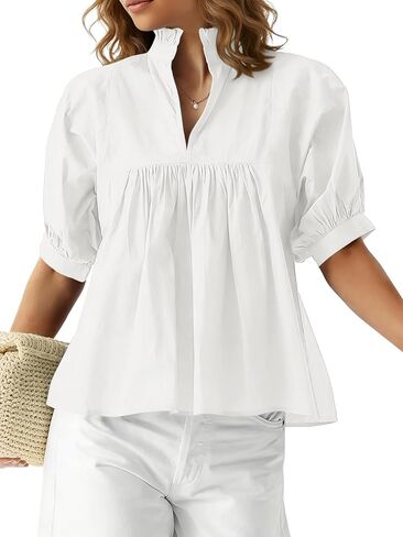 Women's Puff Short Sleeve Babydoll Blouse Stand Collar V Neck Flowy Relaxed Fit Peplum Tops Casual Summer Shirt in Saudi Arabia
