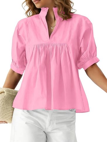 Women's Puff Short Sleeve Babydoll Blouse Stand Collar V Neck Flowy Relaxed Fit Peplum Tops Casual Summer Shirt in Saudi Arabia