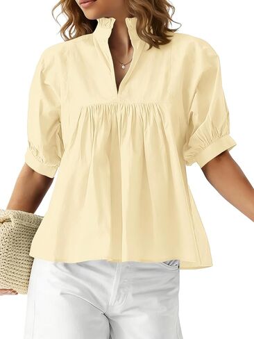 Women's Puff Short Sleeve Babydoll Blouse Stand Collar V Neck Flowy Relaxed Fit Peplum Tops Casual Summer Shirt in Saudi Arabia