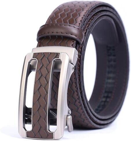 Men's Woven Leather Ratchet Belt, Adjustable Slide Dress Belt with Automatic Buckle, Trim to Fit, Packed in Gift Box in Saudi Arabia