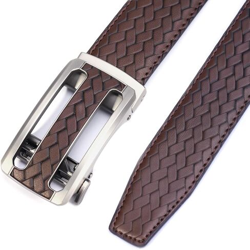 Men's Woven Leather Ratchet Belt, Adjustable Slide Dress Belt with Automatic Buckle, Trim to Fit, Packed in Gift Box in Saudi Arabia