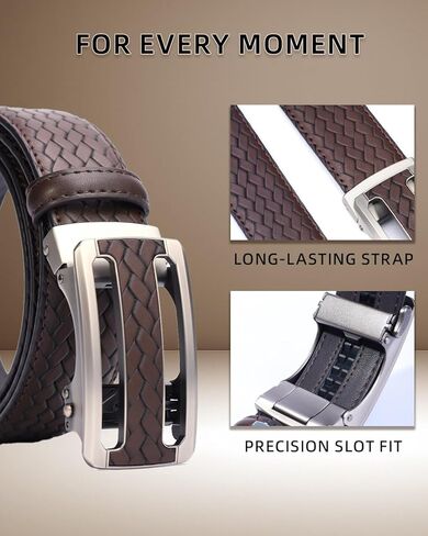 Men's Woven Leather Ratchet Belt, Adjustable Slide Dress Belt with Automatic Buckle, Trim to Fit, Packed in Gift Box in Saudi Arabia