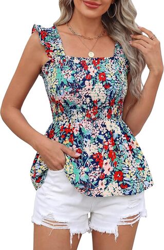 NALANISA قطع علوية نسائية صيفية بوهو بحزام كشكش ورقبة مربعة لطيفة تانك القمم بيبي دول بيبلوم قمصان زهرية بلوزات أنيقة غير رسمية in Kuwait