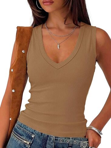 قطع علوية من Prettywear برقبة على شكل V عميقة للنساء موضة صيف 2026 ملابس مثيرة غير رسمية مضلعة بدون أكمام قطع علوية للخروج in Kuwait
