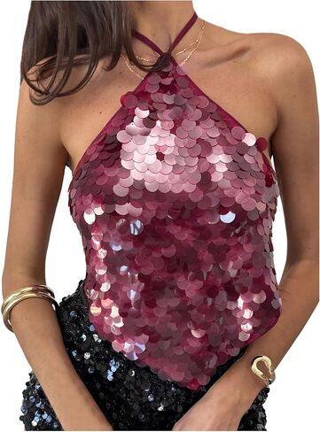 Verdusa Women's Rave Club Sparkly Sequin Tops Tie Backless Halter Top Brunch Outfits in Saudi Arabia