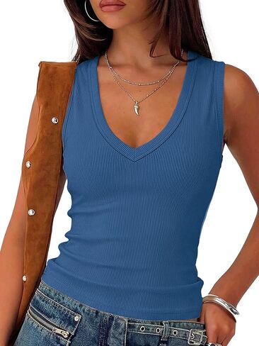 قطع علوية من Prettywear برقبة على شكل V عميقة للنساء موضة صيف 2026 ملابس مثيرة غير رسمية مضلعة بدون أكمام قطع علوية للخروج in Kuwait