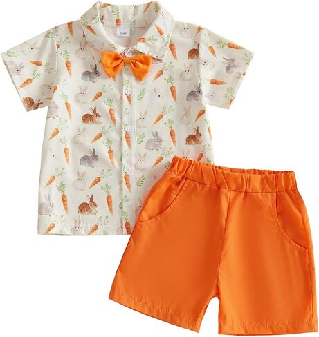 Baby Boys Easter Shorts Set Short-Sleeve Button Shirt and Shorts 2 Piece Bunny Carrot Print Easter Holiday Outfit in Saudi Arabia