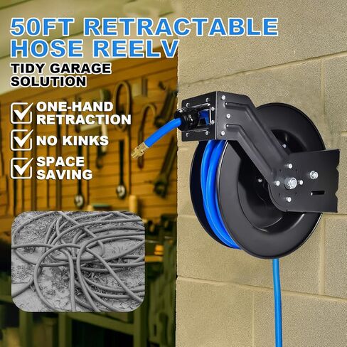 Air Hose Reel 3/8 in x 50 ft Premium Heavy-Duty Flexiable Hybrid Air Hose. Ceiling/Wall Mount, Retractable Air Compressor Hose Reel, 300 PSI Flexiable Hybrid Hose, black and blue in Kuwait