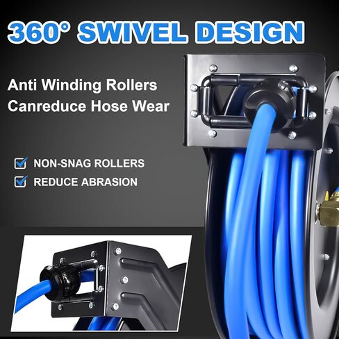 Air Hose Reel 3/8 in x 50 ft Premium Heavy-Duty Flexiable Hybrid Air Hose. Ceiling/Wall Mount, Retractable Air Compressor Hose Reel, 300 PSI Flexiable Hybrid Hose, black and blue in Kuwait