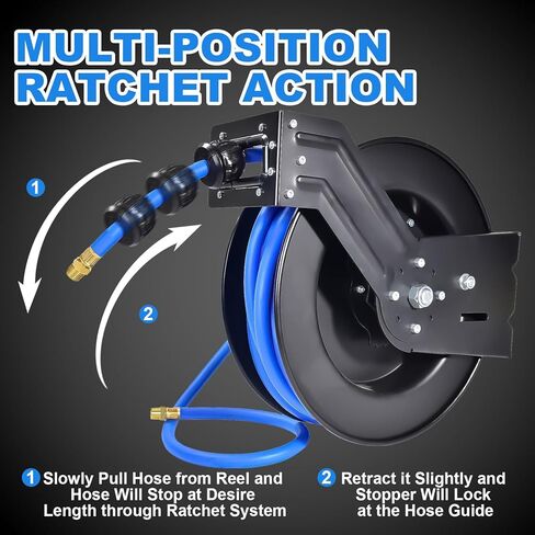 Air Hose Reel 3/8 in x 50 ft Premium Heavy-Duty Flexiable Hybrid Air Hose. Ceiling/Wall Mount, Retractable Air Compressor Hose Reel, 300 PSI Flexiable Hybrid Hose, black and blue in Kuwait