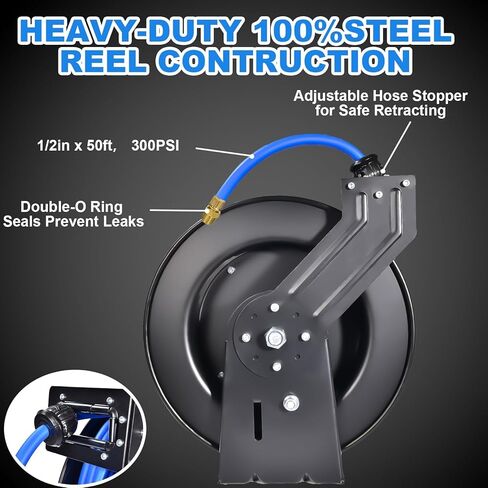 Air Hose Reel 3/8 in x 50 ft Premium Heavy-Duty Flexiable Hybrid Air Hose. Ceiling/Wall Mount, Retractable Air Compressor Hose Reel, 300 PSI Flexiable Hybrid Hose, black and blue in Kuwait