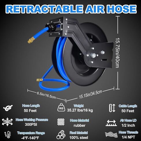 Air Hose Reel 3/8 in x 50 ft Premium Heavy-Duty Flexiable Hybrid Air Hose. Ceiling/Wall Mount, Retractable Air Compressor Hose Reel, 300 PSI Flexiable Hybrid Hose, black and blue in Kuwait