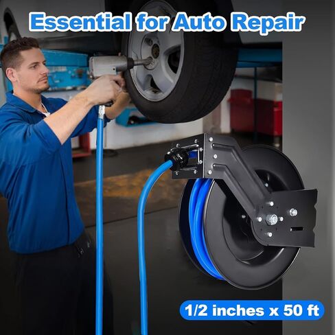 Air Hose Reel 3/8 in x 50 ft Premium Heavy-Duty Flexiable Hybrid Air Hose. Ceiling/Wall Mount, Retractable Air Compressor Hose Reel, 300 PSI Flexiable Hybrid Hose, black and blue in Kuwait