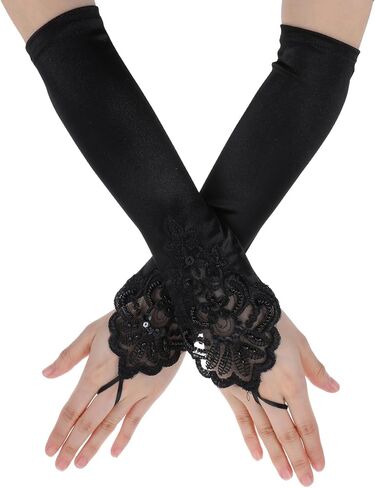Long Fingerless Satin Gloves, Long Black Gloves for Women, Opera Party Elbow Length Glove, 1920s Silk Glove for Dances Banquet Opera Wedding Party Cosplay Costume Accessories(Black) in Saudi Arabia