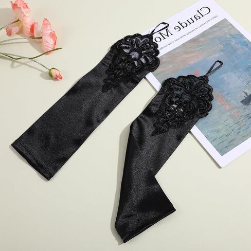 Long Fingerless Satin Gloves, Long Black Gloves for Women, Opera Party Elbow Length Glove, 1920s Silk Glove for Dances Banquet Opera Wedding Party Cosplay Costume Accessories(Black) in Saudi Arabia