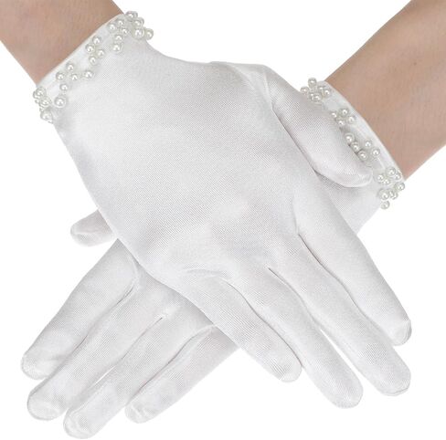 TIESOME 1 Pair White Satin Gloves Women, Short Satin Gloves for Women, Silk Opera Wedding Bridal Glove, Pearl Trim 1920s Vintage Wedding & Tea Party Glove in Saudi Arabia