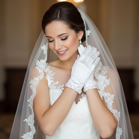 TIESOME 1 Pair White Satin Gloves Women, Short Satin Gloves for Women, Silk Opera Wedding Bridal Glove, Pearl Trim 1920s Vintage Wedding & Tea Party Glove in Saudi Arabia