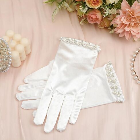 TIESOME 1 Pair White Satin Gloves Women, Short Satin Gloves for Women, Silk Opera Wedding Bridal Glove, Pearl Trim 1920s Vintage Wedding & Tea Party Glove in Saudi Arabia