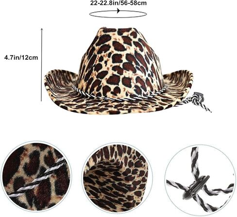 ليوبارد طباعة قبعة رعاة البقر واسعة حافة قبعات راعية البقر الغربية مع حبل قابل للتعديل قبعة رعاة البقر للرجال والنساء in Kuwait