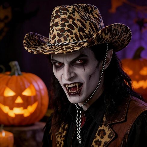 ليوبارد طباعة قبعة رعاة البقر واسعة حافة قبعات راعية البقر الغربية مع حبل قابل للتعديل قبعة رعاة البقر للرجال والنساء in Kuwait