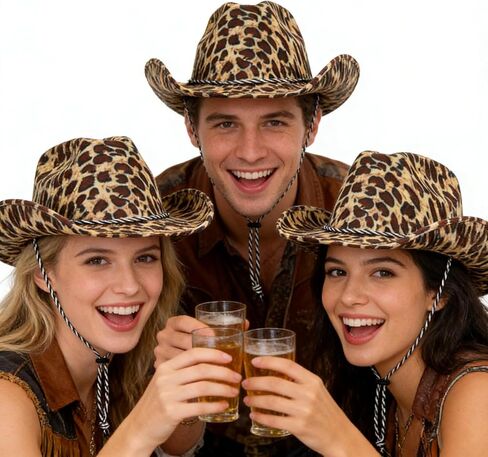 ليوبارد طباعة قبعة رعاة البقر واسعة حافة قبعات راعية البقر الغربية مع حبل قابل للتعديل قبعة رعاة البقر للرجال والنساء in Kuwait