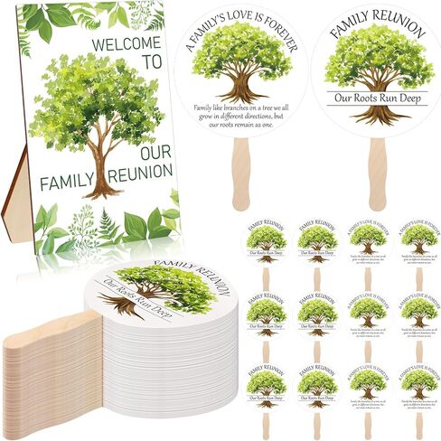 36Pcs Family Reunion Party Favors Fans with 1 Table Sign Wooden Handle Family Reunion Fans Handheld Remembering Our Roots Fans Family Tree Round Handheld Paper Fans Family Reunion Favors in Kuwait