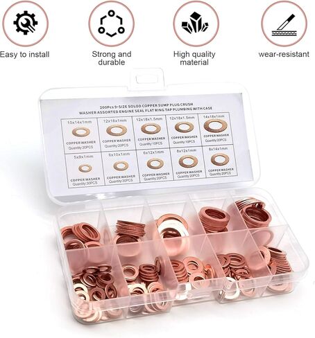 200 PCS Car Copper Crush Metric Washers Assortment Kit, 9 Specifications Copper Metric Washers, Seal Rust-Proof Flat Drain Plug Crush Washer, Universal for Most Cars (Gold) in Saudi Arabia