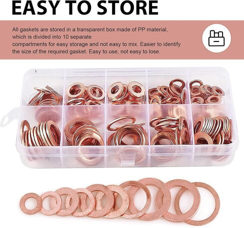 200 PCS Car Copper Crush Metric Washers Assortment Kit, 9 Specifications Copper Metric Washers, Seal Rust-Proof Flat Drain Plug Crush Washer, Universal for Most Cars (Gold) in Saudi Arabia