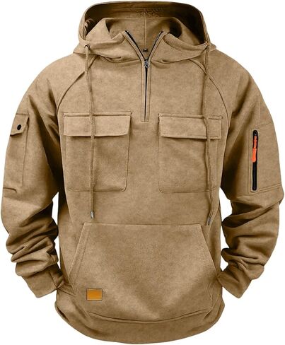 Men's Cargo Hoodies Quarter Zip Sweatshirts Tactical Pullover Casual Gym Athletic Loose Hooded Sweatshirts with Pocket in Saudi Arabia