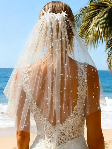 EASEDAILY Pearl Bride Wedding Veil White Short Waist Length Starfish Bridal Tulle Veils Hair Accessories for Women with Comb in Saudi Arabia