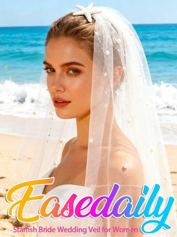 EASEDAILY Pearl Bride Wedding Veil White Short Waist Length Starfish Bridal Tulle Veils Hair Accessories for Women with Comb in Saudi Arabia