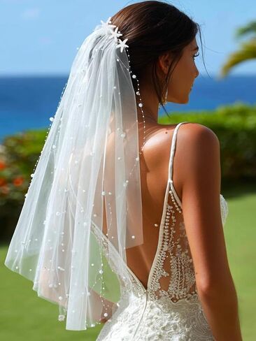 EASEDAILY Pearl Bride Wedding Veil White Short Waist Length Starfish Bridal Tulle Veils Hair Accessories for Women with Comb in Saudi Arabia